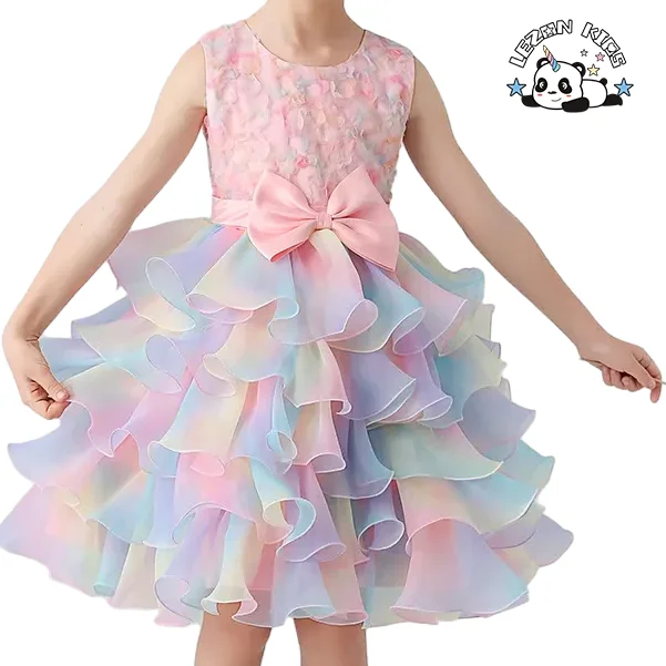 LEZONKIDS - Sequin Flower 2-14 Years Girl Birthday Party Wedding Gown Children Applique Dresses